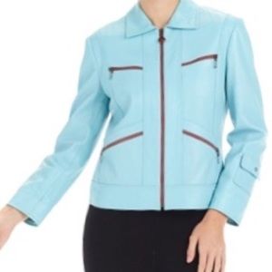 St. John Knits Sport leather baby blue jacket Sz M
